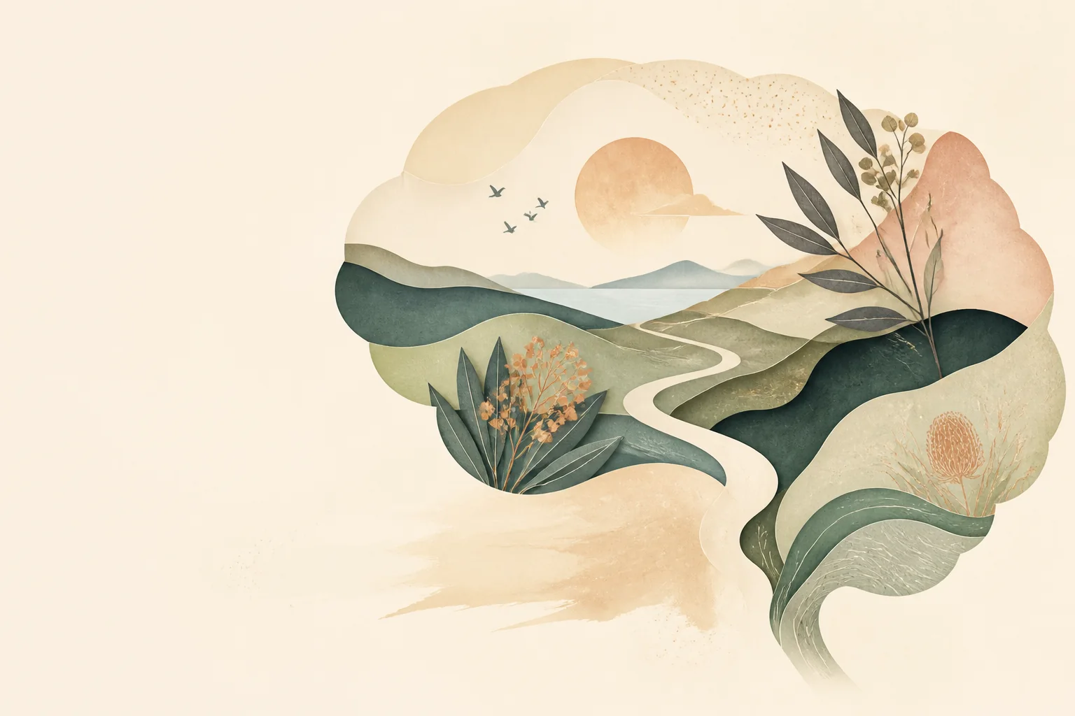 An abstract mind-shaped landscape with a winding path, native plants and distant horizons